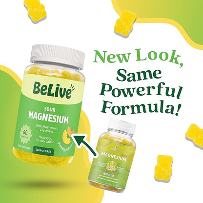 BeLive Magnesium Gummies 200mg - 60 Ct | Magnesium Glycinate Supplements for Relaxation, Stress Relief, and Sleep for Adults & Kids - Tasty and Tangy Pineapple Flavor