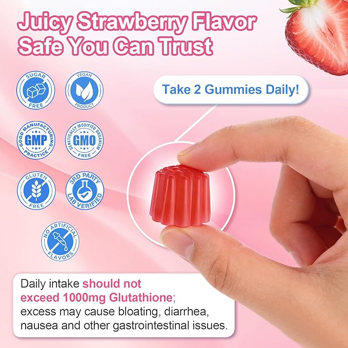 Liposomal Glutathione Gummies 1000mg, High Absorption Glutathione Supplement with Vitamin C, NAC, Milk Thistle for Skin Health, Liver Detox & Immune, Vegan, Sugar Free, Strawberry Flavor, 60 Count