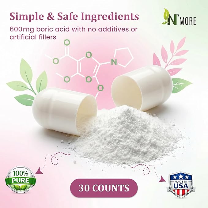 N'More Boric Acid Vaginal Suppositories with Applicator - 100% Pure Made in USA - Boricfem Support Vaginal Health (One) (60 Count (2 Pack), Boric Acid Suppositories)
