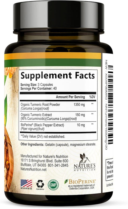 Turmeric Curcumin Supplement 1500mg - Organic Tumeric & BioPerine Black Pepper for Best Absorption with 95% Curcuminoids, Nature's Joint & Immune Support, Non-GMO, Bottled in USA - 120 Capsules