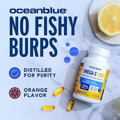 Oceanblue Professional Omega-3 2100mg Fish Oil Supplement - Triple Strength, High Potency EPA, DHA & DPA - Burpless, Wild-Caught, Natural Orange Flavor - 138 Softgels
