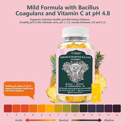 Premium Feminine Balance Gummies PH Balance Vaginal Health Gummies Probiotics Hawaiian Pineapple Female Gummy for Women Private Area - 60 Gummies - 30 Servings