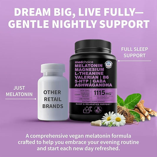 12-in-1 Melatonin Sleep Capsules - Natural Sleep Aids for Adults with Melatonin 5mg and Magnesium Glycinate 500mg, Sleep Aid with Ashwagandha, L Theanine, Valerian Root, GABA, 5-HTP (90ct, Pack of 3)