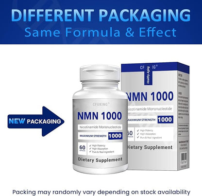 NMN 1000mg Per Serving Maximum Strength - 99% Pure NMN (Nicotinamide Mononucleotide) for NAD, Cell, Immune, Energy, Anti-Aging & Longevity, Stabilized NMN Supplements 1000mg - 60 Veggie Capsules