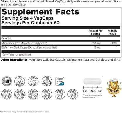 Solaray Magnesium Glycinate, New & Improved Fully Chelated Bisglycinate with BioPerine, High Absorption Formula, Stress, Bones, Muscle & Relaxation Support, 60 Day Guarantee, 60 Servings, 240 VegCaps