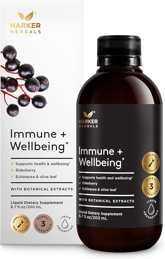 Immune + Wellbeing Syrup, Herbal Formula with Elderberry, Echinacea & Olive Leaf, High Absorption, Wild Berry Flavor, Plant-Based - 6.7 Fl oz (40 Servings)