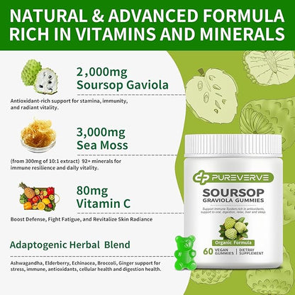 Soursop Graviola Gummies, Pureverve Max Strength Soursop Leaves Extract with Sea Moss & Zinc for Cell Support & Regeneration, Immunity, Liver and Antioxidant, Sugar/Gluten Free, Vegan - 120 CT, 2 Pack