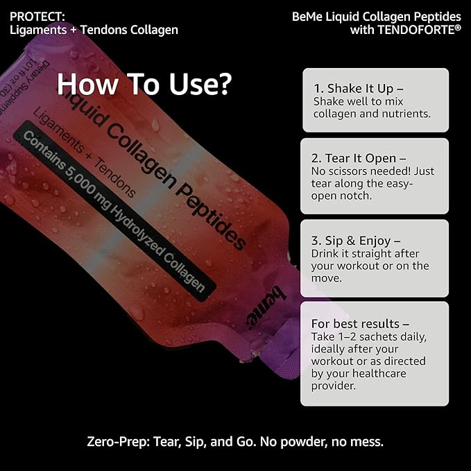BeMe Liquid Collagen Peptides - Tendon & Ligament Supplements for Injury Prevention & Tissue Repair. Liquid Shots with TENDOFORTE for Active Recovery, Gym Performance Athletes - 15 Grapefruit Sachets