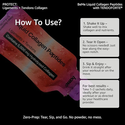 BeMe Liquid Collagen Peptides - Tendon & Ligament Supplements for Injury Prevention & Tissue Repair. Liquid Shots with TENDOFORTE for Active Recovery, Gym Performance Athletes - 15 Grapefruit Sachets