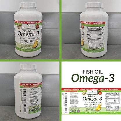 Triple Strength Omega 3 Fish Oil Supplements 2400mg | 180 Capsules, Burpless High Potency Lemon Flavor, High EPA DHA for Men & Women Ultra Pure Softgels | Joint Support, Eyes, Heart Brain Health Pills