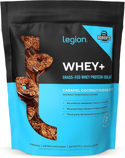 LEGION Whey+ Protein Whey Isolate from Grass Fed Cows - Whey Protein Isolate Powder Low Calorie, Non-GMO, Sugar Free, Lactose and Gluten Free, All Natural Protein 30 Servings (Caramel Coconut Fudge)