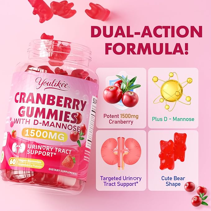 Vegan Cranberry Gummies with D Mannose - Supports Urinary Tract Health for Women & Men, Sugar-Free, Non-GMO and Gluten Free, Strawberry Flavor, 60 Count