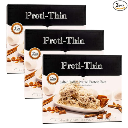 Proti-Thin Salted Toffee Pretzel Protein Bars, 15g Protein, Low Calorie, Very Low Carb (VLC), Low Fat, High Fiber Snack, KETO Diet Friendly, Ideal Protein Compatible, Gluten Free (3 Boxes - Save 5%)