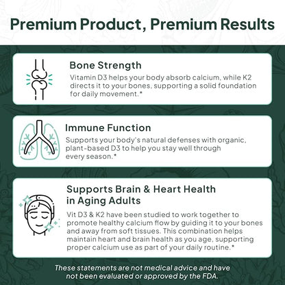 Organics Ocean Better D3 + K2-100% Organic VIT D3 and K2 Supplements with Maximum Bioavailability - Supports Bone Density, Calcium Balance, Immunity & Mood - 1-Pack, 30-Day Supply