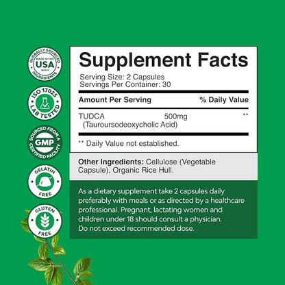 Advanced Bile Salt TUDCA Supplement-Extra Strength TUDCA 500mg per Serving Bile Salts for Gallbladder Kidney and Liver Support-High Purity Tauro Ursodeoxycholic Acid Liver and Gallbladder Cleanse 60ct