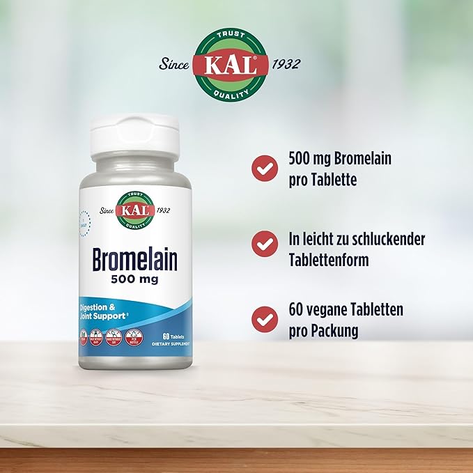 KAL Bromelain 500 mg, Digestion and Joint Support Supplement, Digestive Enzymes, Pineapple Extract, Rapid Disintegration, Vegan, Made Without Dairy or Soy, Lab Verified, 60 Servings, 60 Tablets