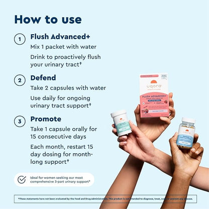 Uqora Flush Advanced+ Regimen with Flush Advanced+ (3 Pack) - Cranberry to Reduce Risk of Recurrent UTI** - Defend & Promote - D-Mannose, Vitamin C, Green Tea Extract & Probiotics - 3-Part Bundle
