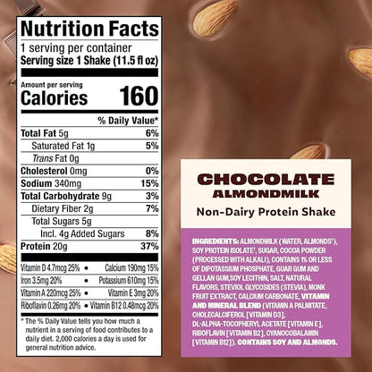 Premier Protein Non-Dairy Plant Based Almondmilk Protein Shake, Chocolate, 20g Protein, 5g Sugar, 11.5 Fl oz, 12 Count