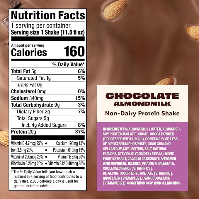 Premier Protein Non-Dairy Plant Based Almondmilk Shake, 20g Protein, 5g Sugar, 11.5 Fl oz, Chocolate (Pack of 24)