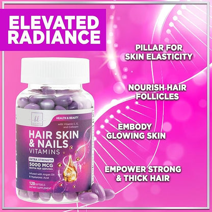 Hair Vitamins for Women for Hair Growth - Argan-Infused Supplement with Collagen, Biotin and Hyaluronic Acid - Supports Faster Hair Growth, Skin & Nails Beauty Vitamins, Bottled in USA - 120 Softgels