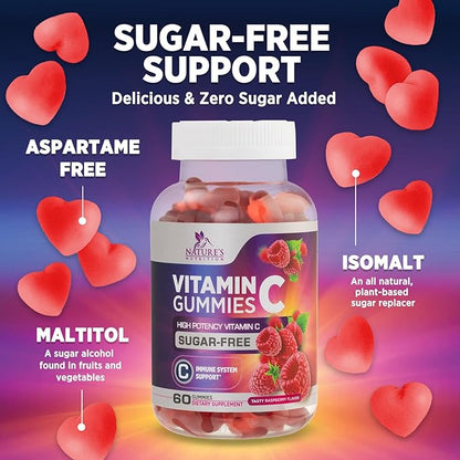 Vitamin C Gummies - 100% of Daily Vitamin C & Sugar Free - Immune Support with Powerful Antioxidants - Nature's Vegan VitaminC Dietary Supplement - Raspberry Flavor for Kids & Adults - 60 Gummies