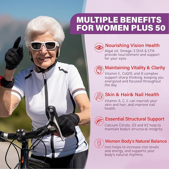 Multivitamin Gummies for Women 50 Plus - with Omega 3, Coenzyme Q10, Iron, Calcium, Zinc, Vitamin A, C, D3, E, K2, B Complex, Folate - Multi Vitamins & Minerals for Energy, Beauty, Immune, Sugar Free