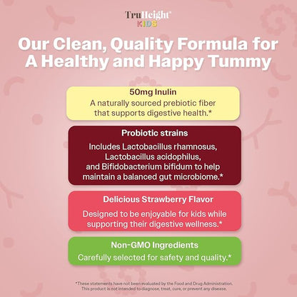 TruHeight Kids Prebiotic & Probiotic Gummies Ages 2+ (Strawberry Flavor) Toddlers & Kids All Natural Gut Health, Digestive Enzymes, Stomache Ache, Constipation Relief Supplement - Pediatric Vitamins