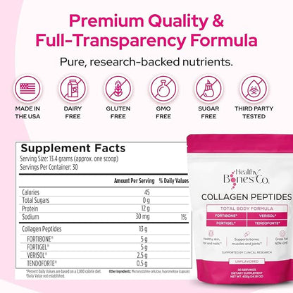 FORTIBONE® Premium Bone Health Collagen Peptides w/FORTIGEL®, VERISOL®, TENDOFORTE® | Clinically-Supported for Bones Joints Skin Hair Nails | Hydrolyzed Collagen Anti-Aging Formula | 60 Servings