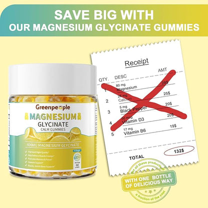 GREENPEOPLE Magnesium Glycinate Gummies 400mg - Sugar Free Magnesium Supplement with Magnesio Citrate, Vitamin D, and B6 for Calm Support & Sleep for Adults - High Absorption - Lemon Gummies