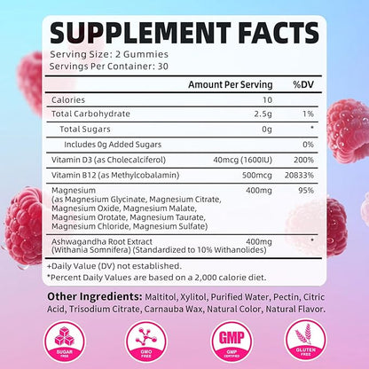 Pack of 2 Magnesium Complex Gummies 400mg, Magnesium Glycinate, Malate, Citrate, Taurate, Oxide & More | w/Ashwagandha Extract, D3 & B12 for Calm, Zzz, Relaxation, Raspberry Flavor, 120 Count