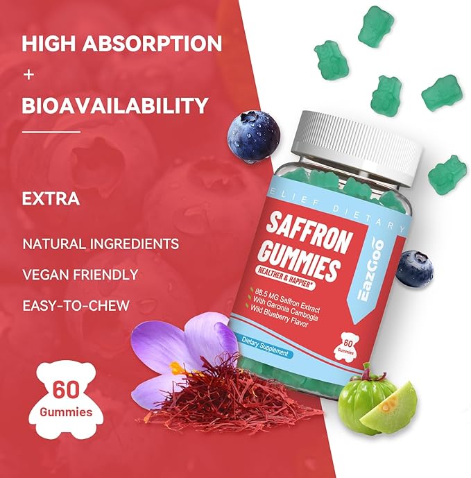 Saffron Supplements Gummies, Saffron Extract for Positive Mood & Calm Nerve, Boost Energy, with Garcinia Cambogia, Vitamin A, B12, Rhodiola Rosea - 60 Gummies