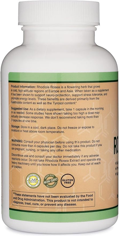 Rhodiola Rosea Supplement 500mg, 120 Vegan Capsules (Third Party Test, Gluten Free, 3% Salidrosides, 1% Rosavins Extract) for Performance, Calming, Motivation by Double Wood