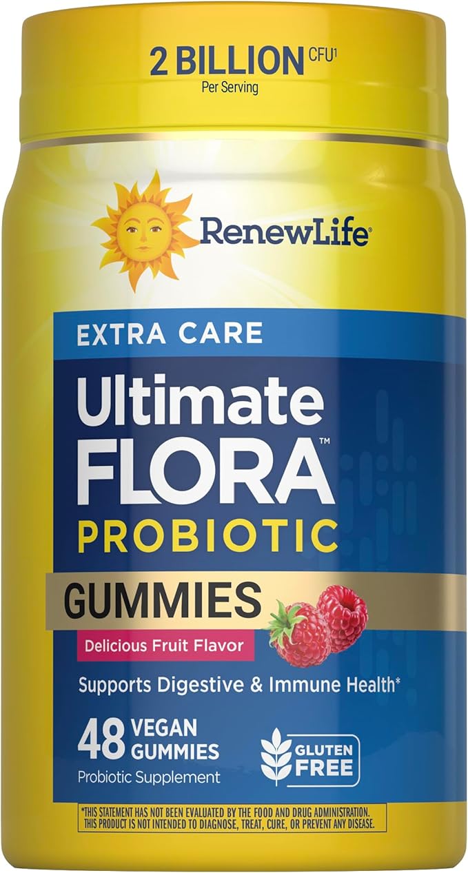 Renew Life Extra Care Digestive Prebiotic and Probiotic Gummies, Daily Supplement for Digestive and Immune Health, B. Coagulans and B. Subtilis, Dairy, Soy and gluten-free, 2 Billion CFU, 48 Count