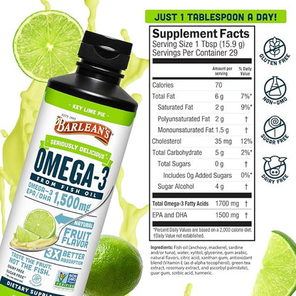 Barlean's Omega 3 Fish Oil Liquid Supplement for Men and Women, 1500mg of EPA and DHA Fatty Acid, Promotes Brain & Heart Health - Non-GMO, Key Lime Pie, 16 oz