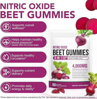 Beetroot Gummies, 90 Gummies 20:1 High-concentration Beetroot Extract Supplement with COQ10, Vitamin C, B12, Grape Seed Extract & Black Pepper, Boost Energy Levels, Supports Immune & Heart Health