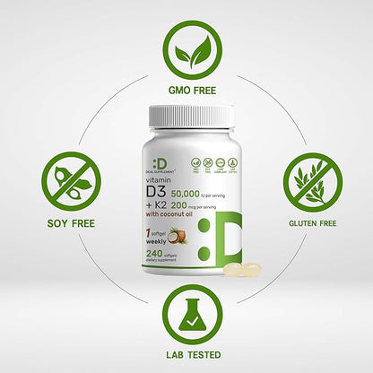 DEAL SUPPLEMENT Vitamin D3 50,000 IU + K2 MK7 200mcg Softgels, 240 Count | 2-in-1 Complex with Virgin Coconut Oil | Supports Heart, Bone, Teeth & Immune Health | Easy to Swallow