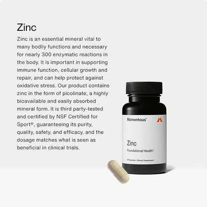 Momentous Zinc Picolinate 15 mg - Immunity & Hormone Support - Bioavailable Zinc Supplement - Promotes Joint Health & Lean Muscle Mass - NSF Certified for Sport - GMO-Free & Gluten-Free - 60 Servings