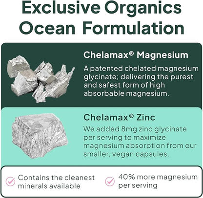 Organics Ocean Pure Magnesium Glycinate with Zinc - Maximum Strength Chelated Magnesium Supplement for Women and Men for Muscle Cramps and Sleep Support - 2 Bottles