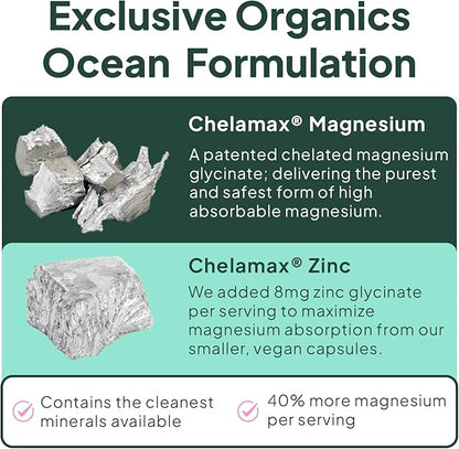 Organics Ocean Pure Magnesium Glycinate with Zinc - Maximum Strength Chelated Magnesium Supplement for Women and Men for Muscle Cramps and Sleep Support - 6 Bottles