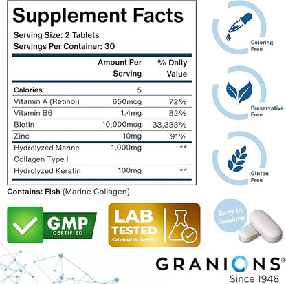 Biotin Collagen Keratin Supplement Hair Growth Tablets – Biotin 10000mcg, Marine Collagen Peptides, Keratin, Retinol, Zinc, Vitamin B6 - Hair, Skin and Nails Complex for Women and Men - 60 Tablets