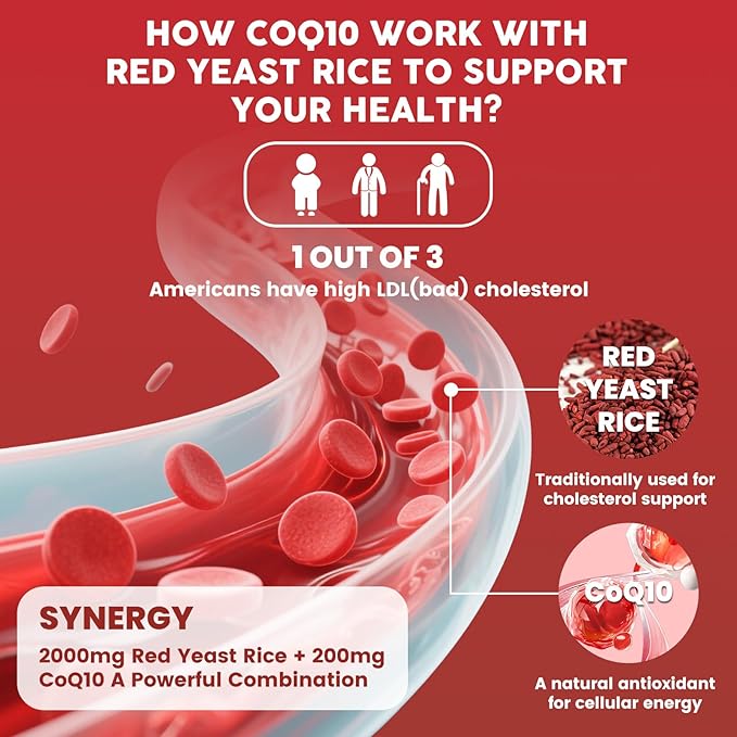 Red Yeast Rice 2,000mg with CoQ10 Gummies - Max Strength Extract Red Yeast Rice Supplement with CoQ10 200 Plus Citrus Bergamot - Natural Cholesterol Support,Vegan, Non-GMO, Gluten-Free – 60 Counts