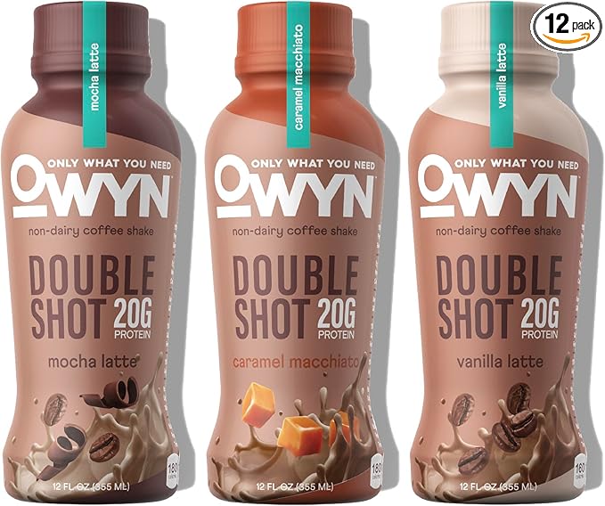 OWYN Only What You Need Double Shot Mocha Latte, Vanilla Latte and Caramel Macchiato Flavored Protein Shake, 20g Protein, 0g Sugar, 3g Fiber, 180mg Caffeine, Dairy Free, Plant Based Protein, 12 CT