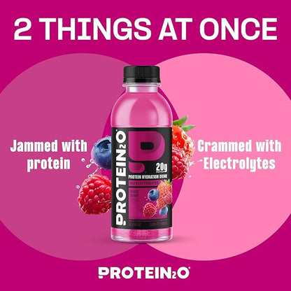 Protein2o Hydration Drink - 2-in-1 Liquid Clear Whey Protein Isolate and Electrolyte Drink - 20g Protein, Vitamins B5, B6 - Post-Workout Recovery - 16.9 Fl Oz - 12 Count Mixed Berry