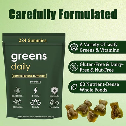 Greens Gummies - Organic Chlorella and Spirulina, Digestive & Gut Health, Formulated with 60+ Ingredients, Multi-Vitamins & Minerals, Daily Gummies, 224 Gummies Bear