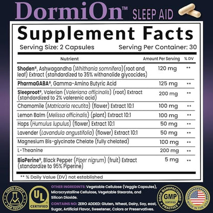 DormiOn™ Sleep + Restore + Stress Supplement | Herbal Sleep Aid for Women & Men | No Melatonin, Non-Habit Forming | Ashwagandha, GABA, Valerian & Magnesium | Vegan, 60 Capsules
