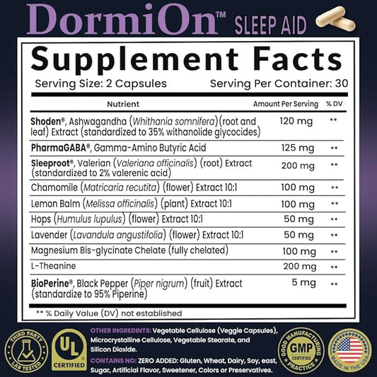 DormiOn™ Sleep + Restore + Stress Supplement | Herbal Sleep Aid for Women & Men | No Melatonin, Non-Habit Forming | Ashwagandha, GABA, Valerian & Magnesium | Vegan, 60 Capsules