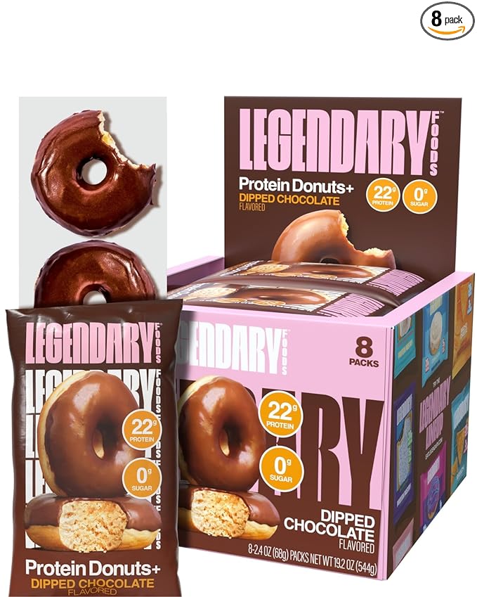 Legendary Foods Protein Donuts - 22g Protein, Dipped Chocolate, Zero Sugar Snack, Gluten Conscious, Low Carb, Keto Suitable, Diabetic and GLP-1 Diets - 8 Pack with Two Donuts per pack