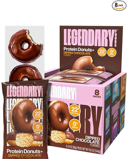 Legendary Foods Protein Donuts - 22g Protein, Dipped Chocolate, Zero Sugar Snack, Gluten Conscious, Low Carb, Keto Suitable, Diabetic and GLP-1 Diets - 8 Pack with Two Donuts per pack