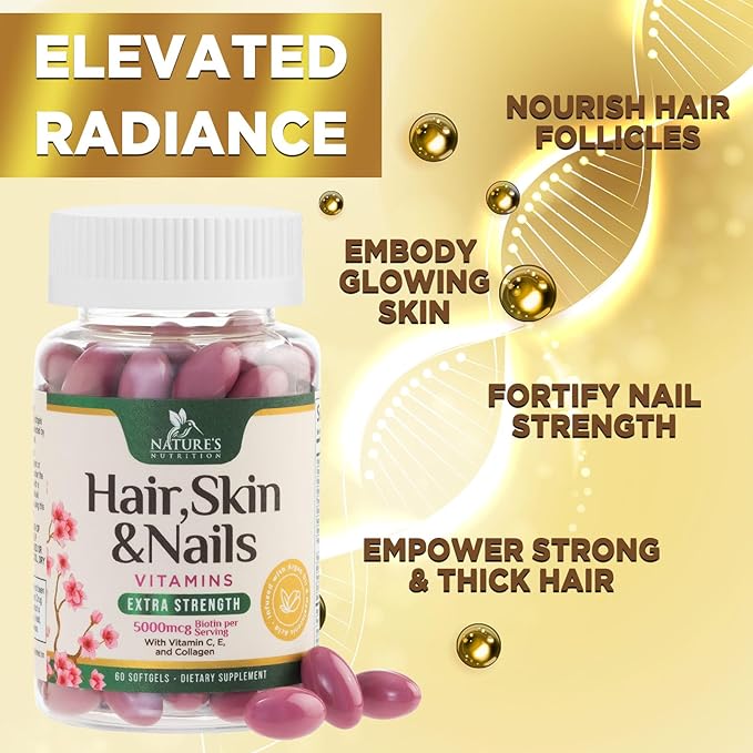 Hair, Skin & Nails Vitamins - Biotin 5000mcg Per Serving - Extra Strength Hair Growth Support For Women with Collagen, Argan Oil - Beautiful Skin, Hair & Nails Supplement - USA Bottled - 60 Softgels