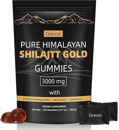 Grevol Himalayan Shilajit Gummies with Ashwagandha Fulvic Acid & 85+ Trace Minerals - No Added Sugar - Individually Wrapped - 120 Gummy
